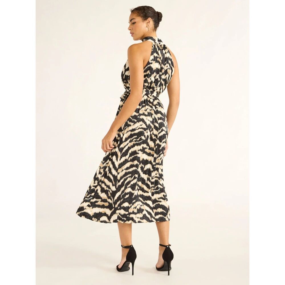 Sofia Jeans Women's Pleated Halter Midi Dress Size Small Animal Print